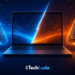 Intel vs AMD in laptops — a laptop flanked by two glowing processor chips