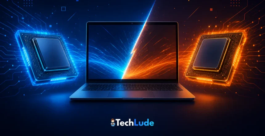 Intel vs AMD in laptops — a laptop flanked by two glowing processor chips