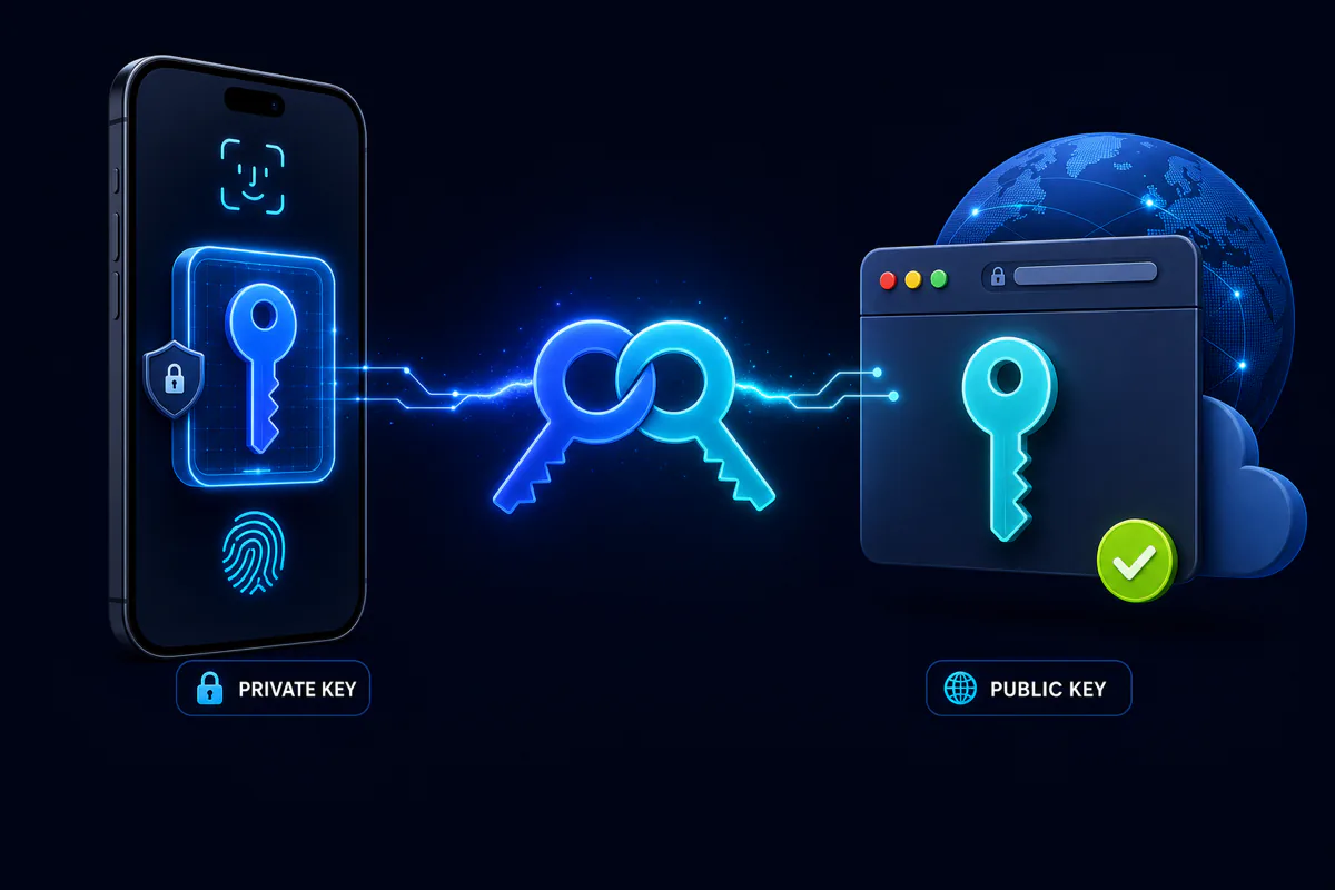 How a passkey works — the private key stays on your device and the public key is stored by the website