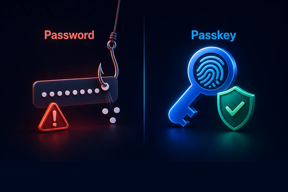 Passwords vs passkeys — a password being phished versus a phishing-resistant passkey