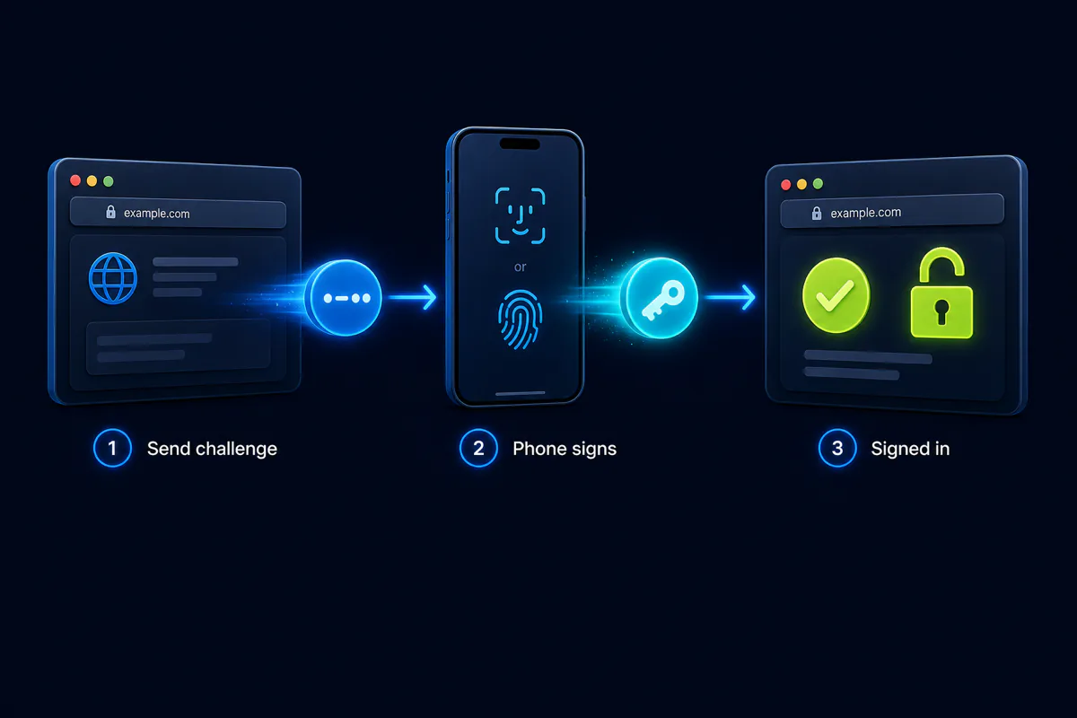 Passkey sign-in flow — the website sends a challenge, your phone signs it, and you are signed in