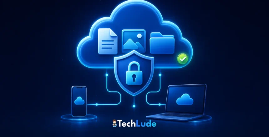 What is cloud storage and is it safe — a secure cloud holding files, protected by a shield and padlock, synced to a phone and laptop