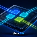 CPU cores vs threads explained: a processor chip with four glowing cores and thread lanes flowing across the die