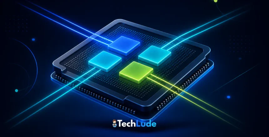 CPU cores vs threads explained: a processor chip with four glowing cores and thread lanes flowing across the die