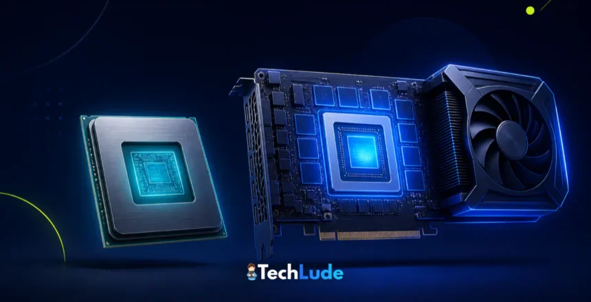 Integrated vs dedicated graphics explained: a CPU with a built-in graphics core beside a separate dedicated graphics card